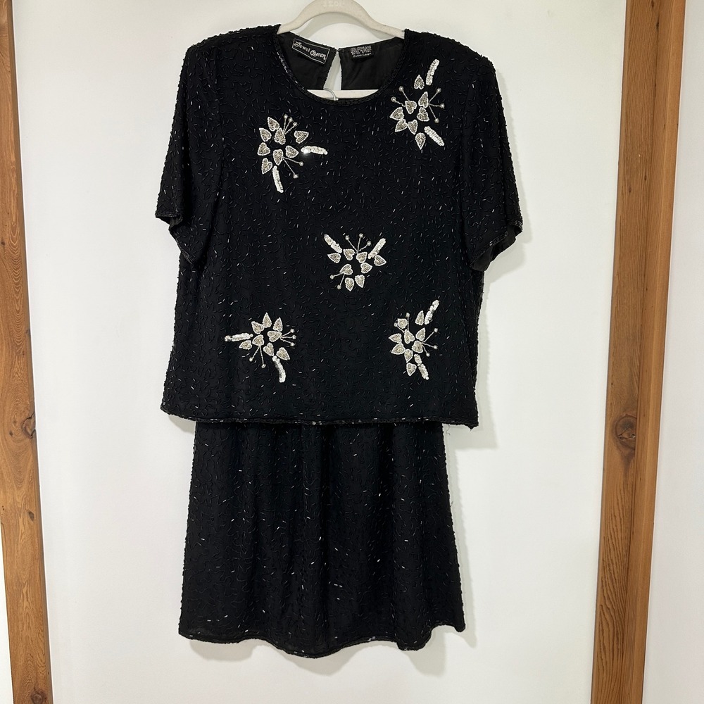 Jewel Queen Vintage Silk Beaded Skirt Set Womens XL Black Floral Formal